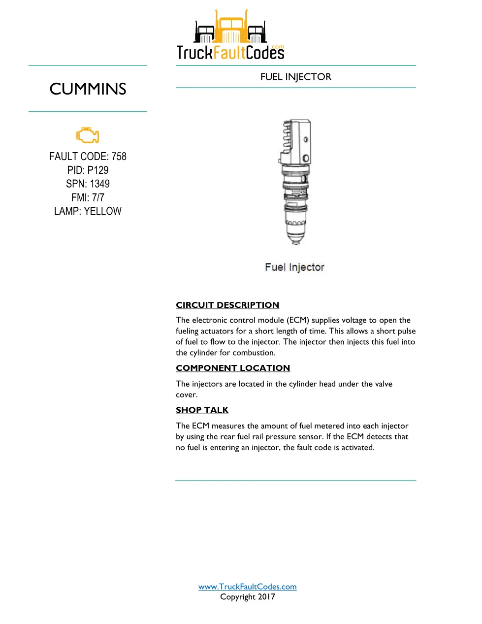 Cummins fault code 758 – ISM CM570 Fuel Injector SPN 1349 – Guide - preview page 1 of 2