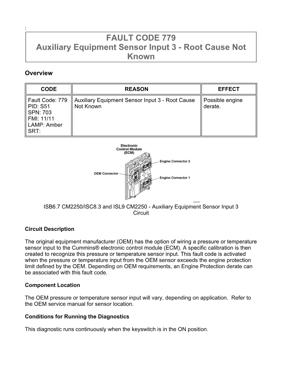 Cummins Fault Code 779: Auxiliary sensor input 3 — ISX11.9 CM2250 - preview page 1 of 4