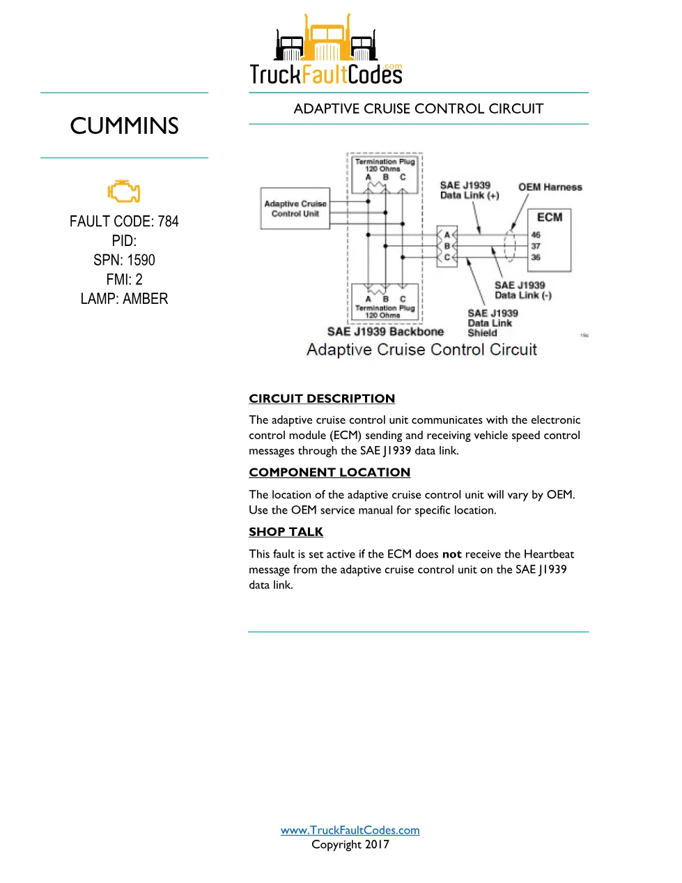 Cummins fault code 784 – ISM CM570 Adaptive Cruise Control SPN - preview page 1 of 3