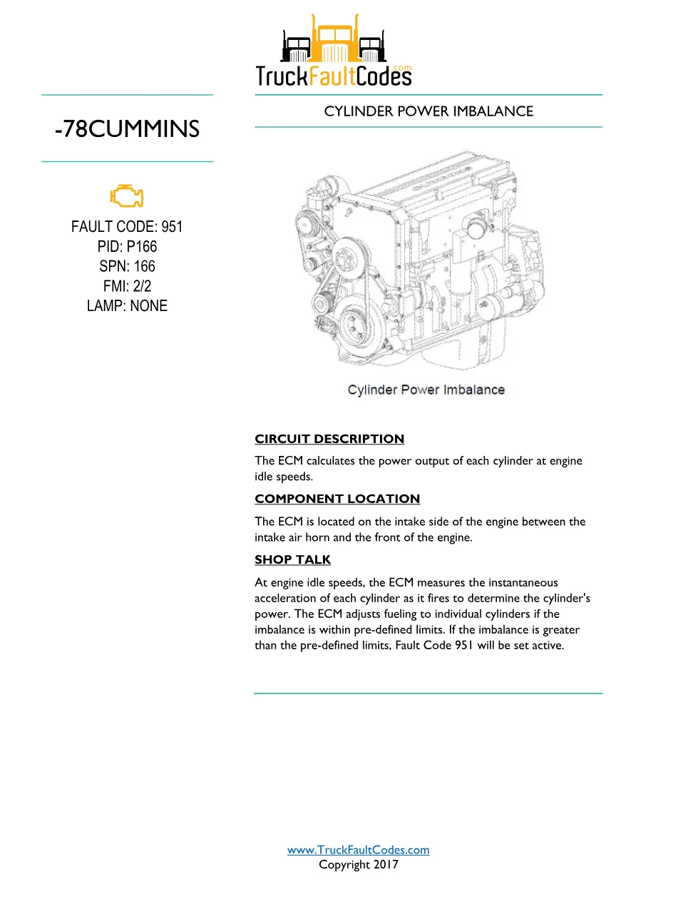 Cummins fault code 951 – ISM CM570 Cylinder Power Imbalance SPN - preview page 1 of 2