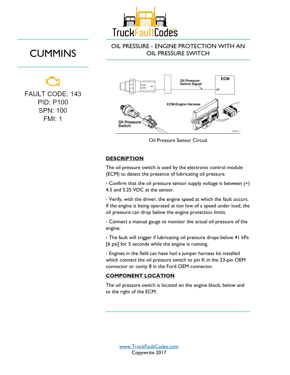 Cummins fault code manual — Fault Code 143 (SW) — PDF, 2 pages - preview page 1 of 2