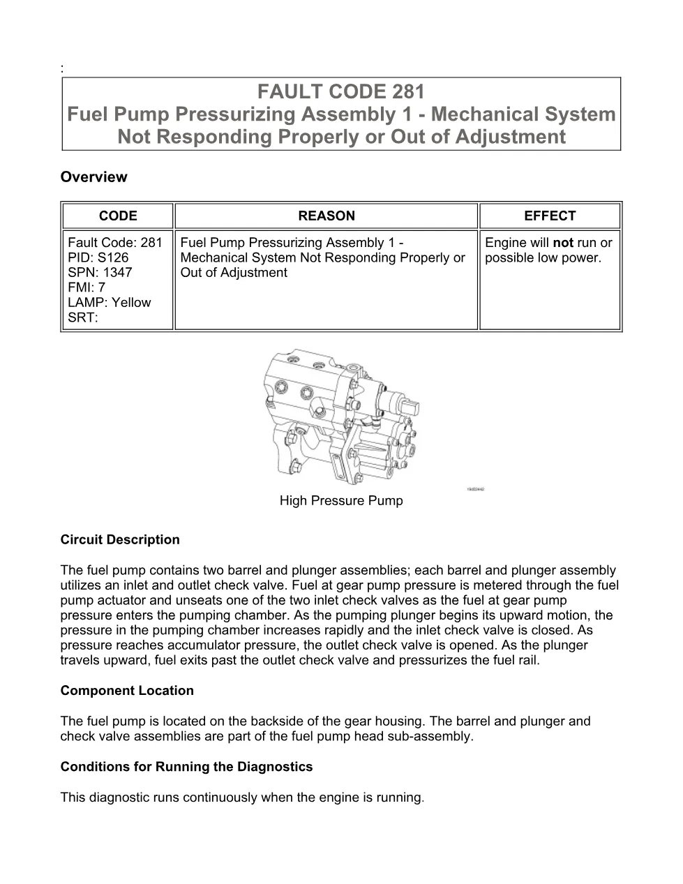 Cummins fuel pump fault troubleshooting manual — Fault Code 281 - preview page 1 of 3