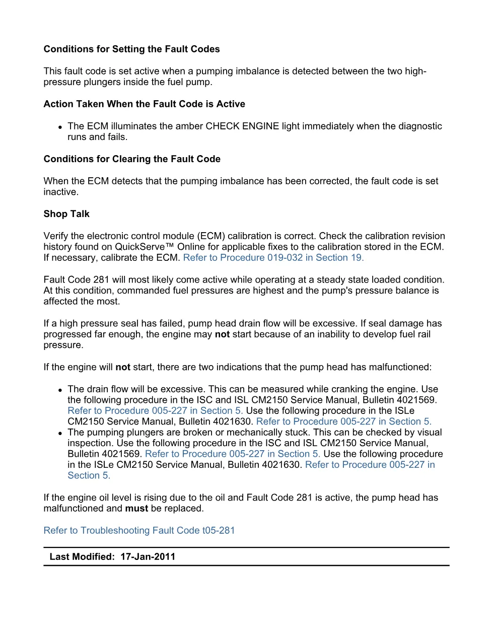 Cummins fuel pump fault troubleshooting manual — Fault Code 281 - preview page 2 of 3