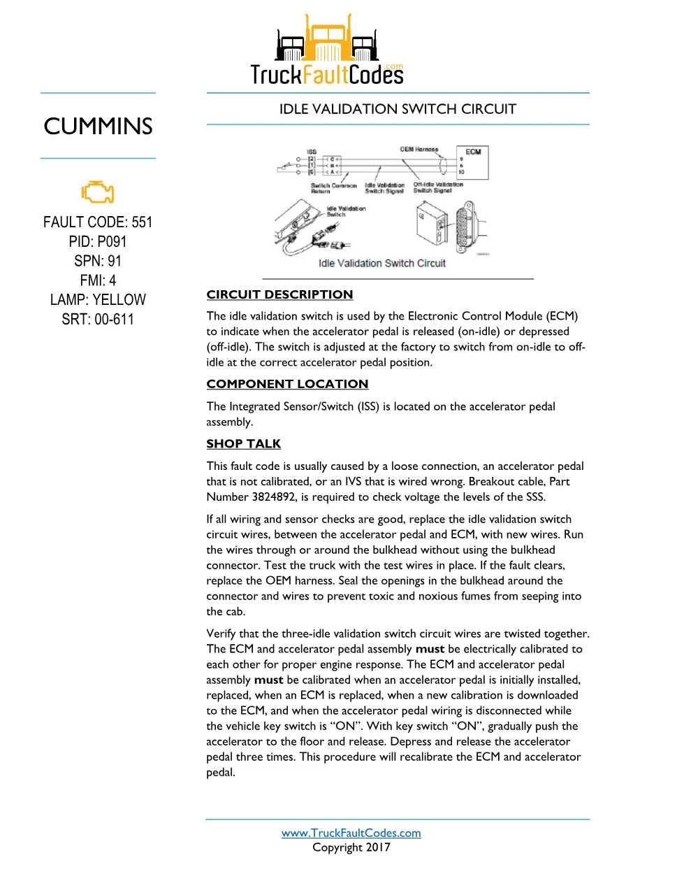 Cummins idle validation switch — Fault Code 551 ISS (P091, FMI 4) - preview page 1 of 6