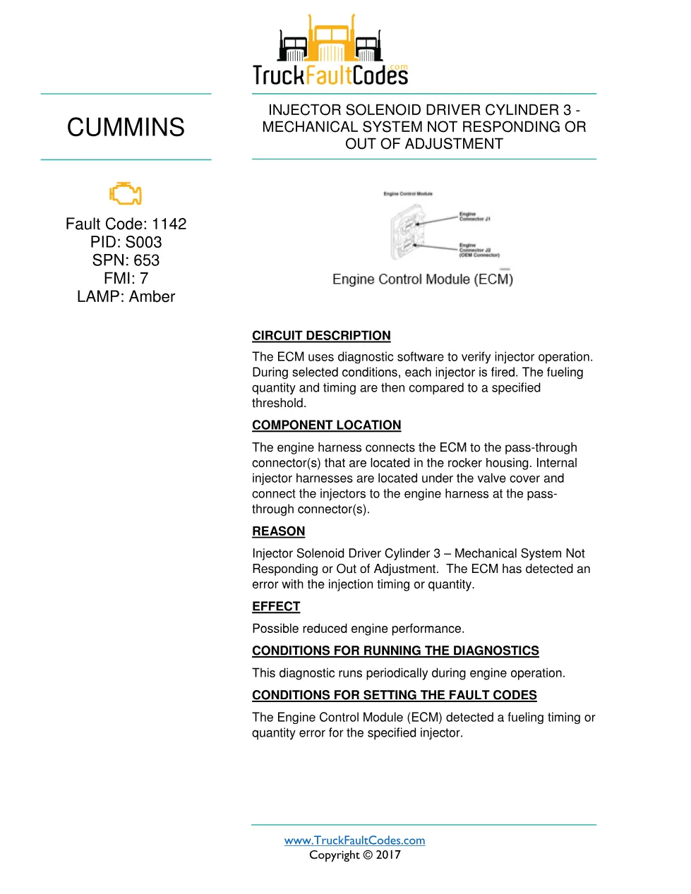 Cummins injector fault code — Fault Code 1142 — PDF, 7 pages - preview page 1 of 3