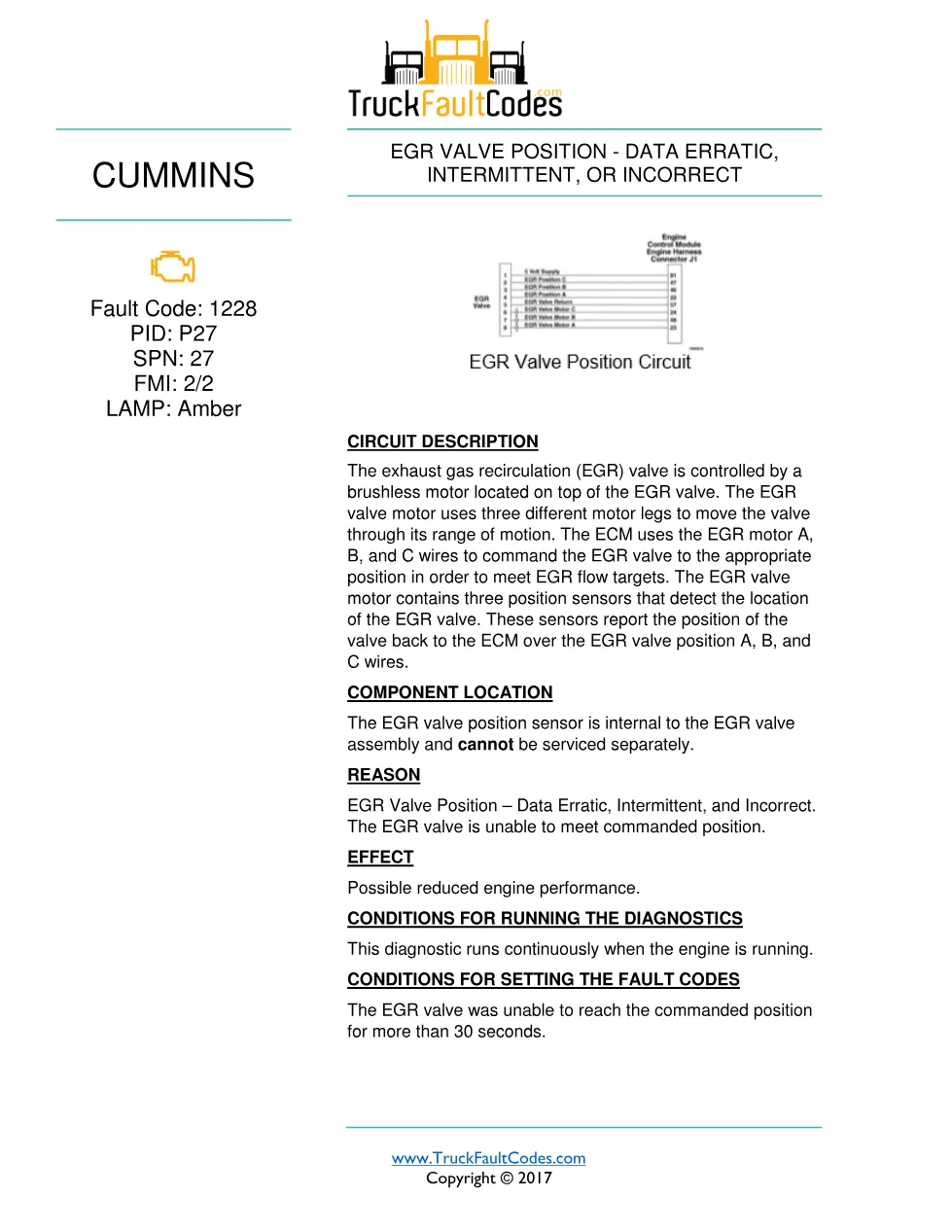 Cummins ISB6.7 1228 troubleshooting manual — Fault Code 1228 - preview page 1 of 3