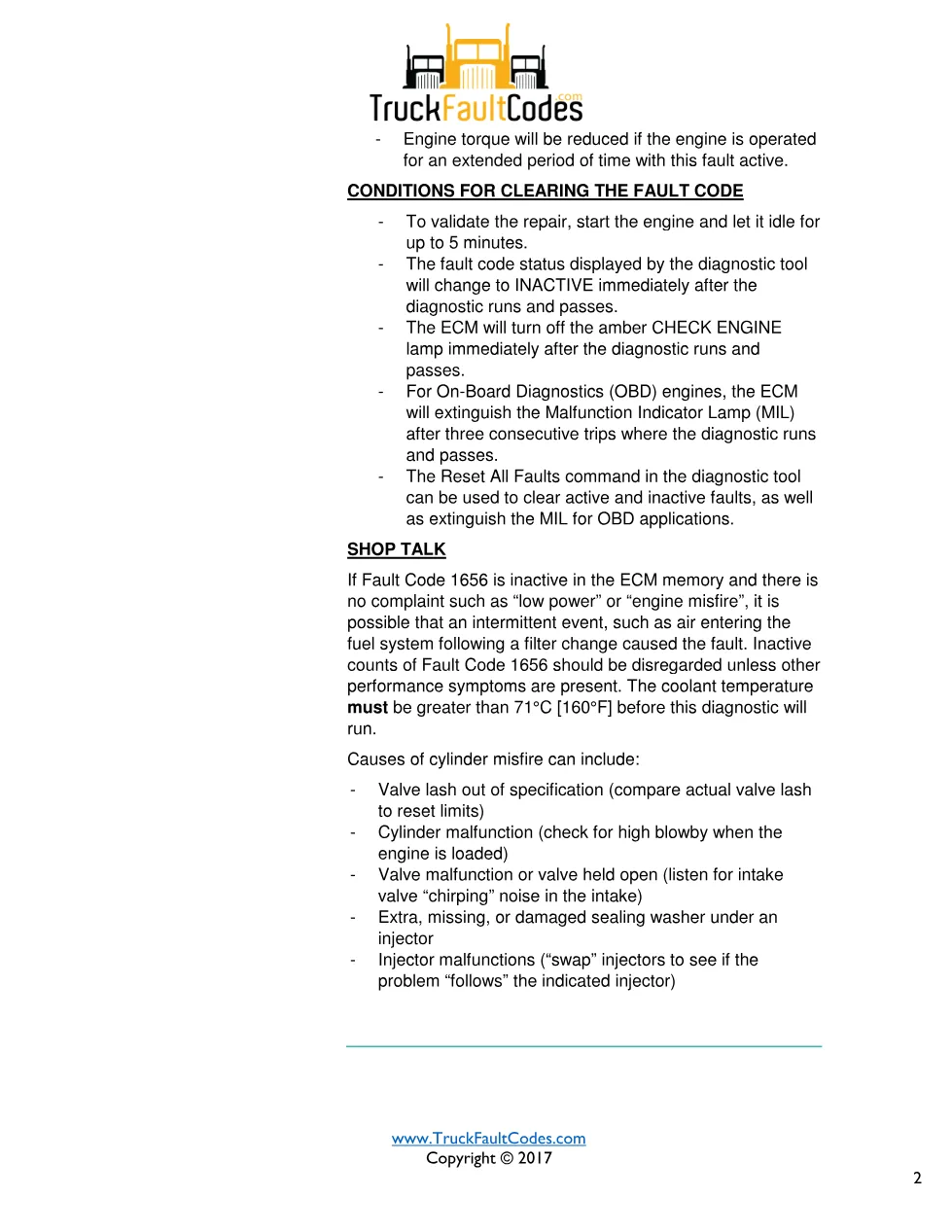 Cummins ISB6.7 misfire code troubleshooting — Fault Code 1656 - preview page 2 of 3