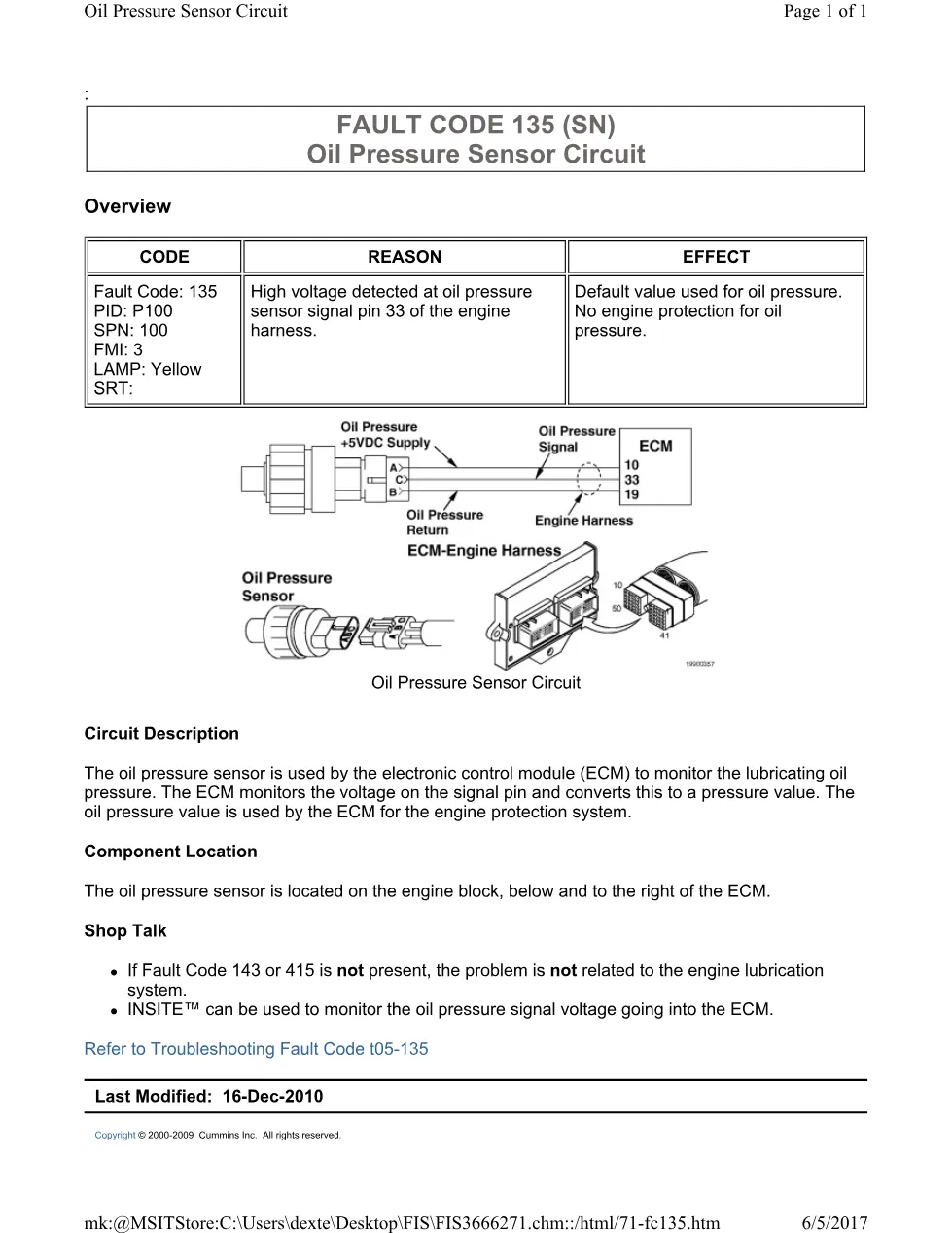 Cummins ISL 135 sensor oil pressure sensor and ECM monitoring - page 1 is available after signing in