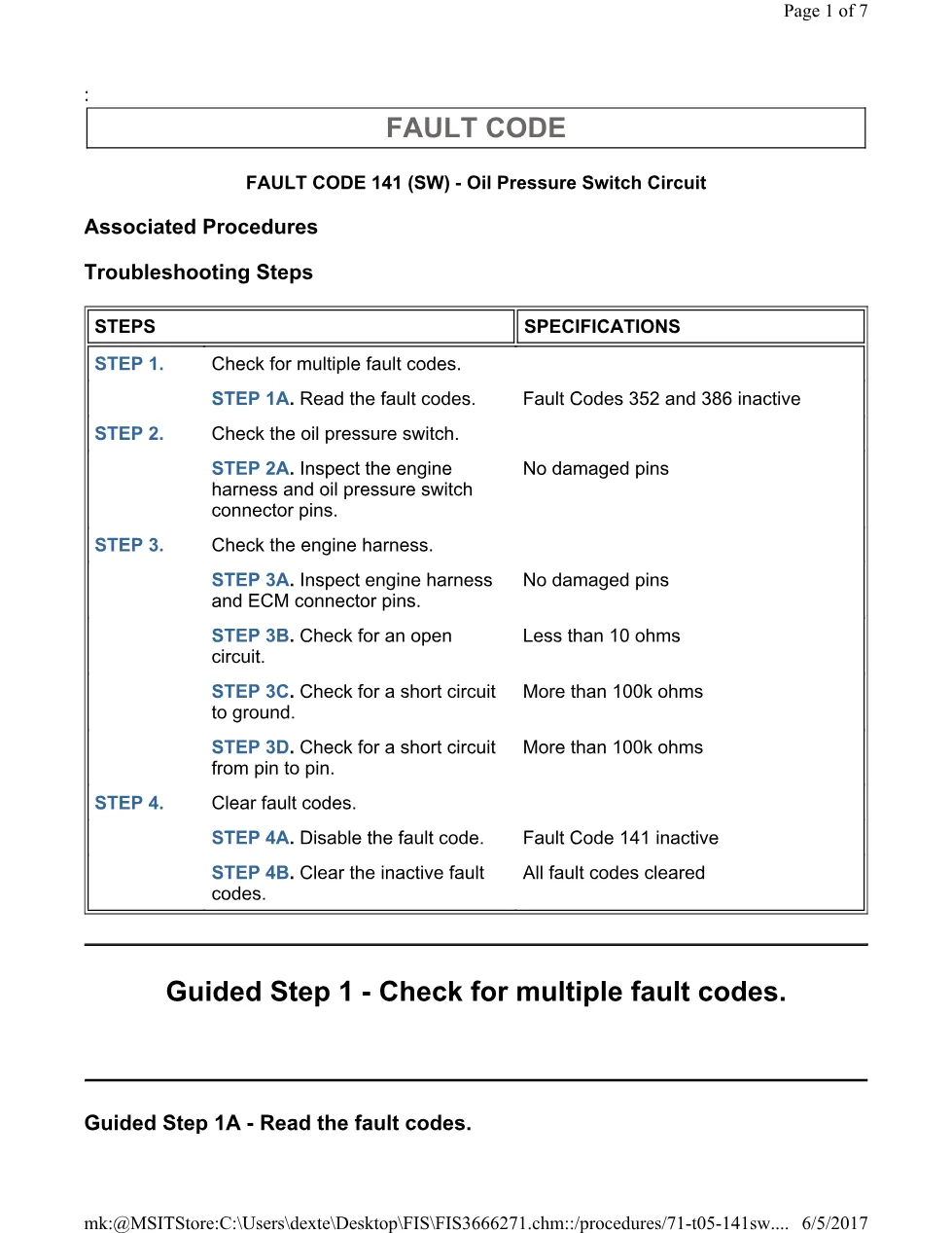 Cummins ISL 141 circuit Fault Code 141 SW oil pressure switch - preview page 1 of 3