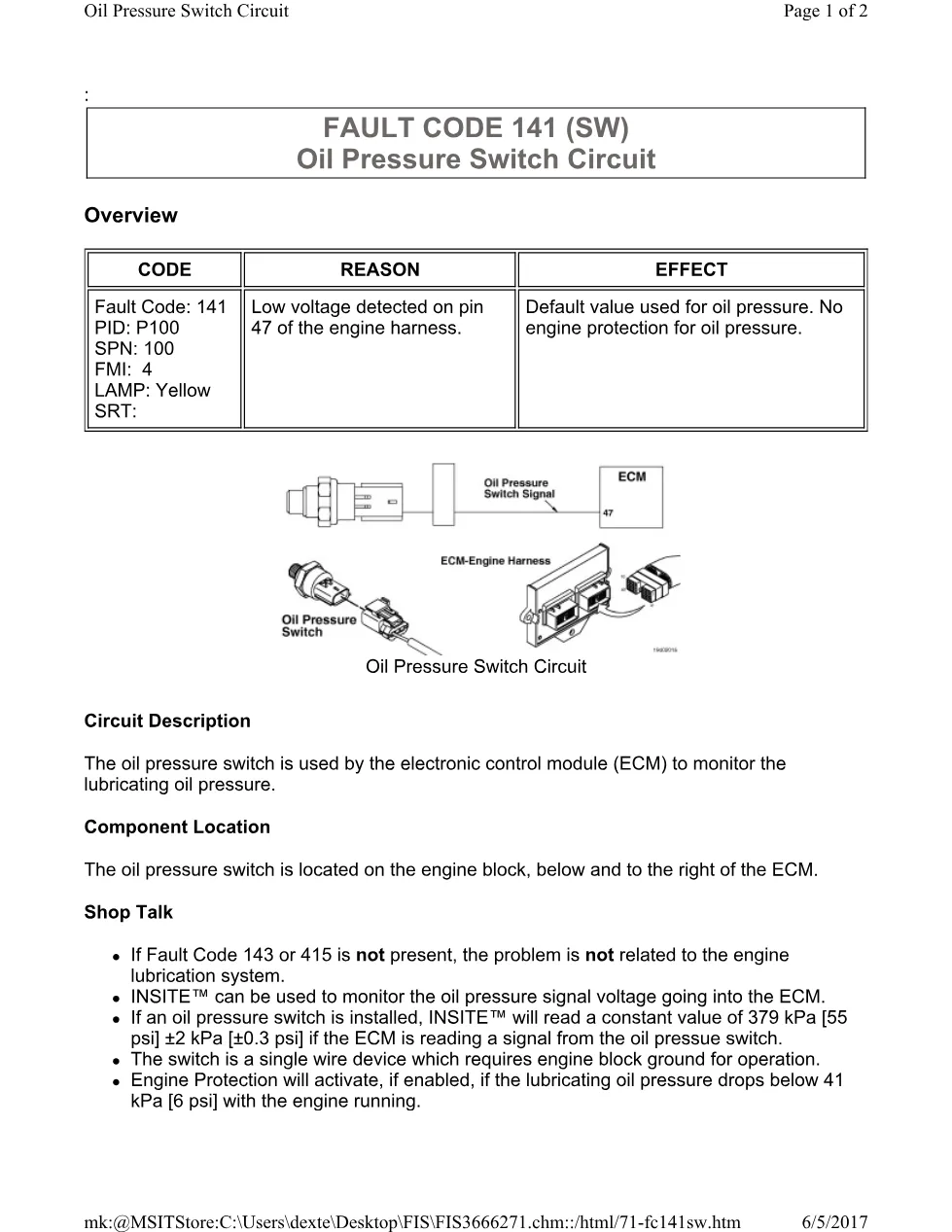 Cummins ISL 141 switch oil pressure switch and ECM monitoring - preview page 1 of 2