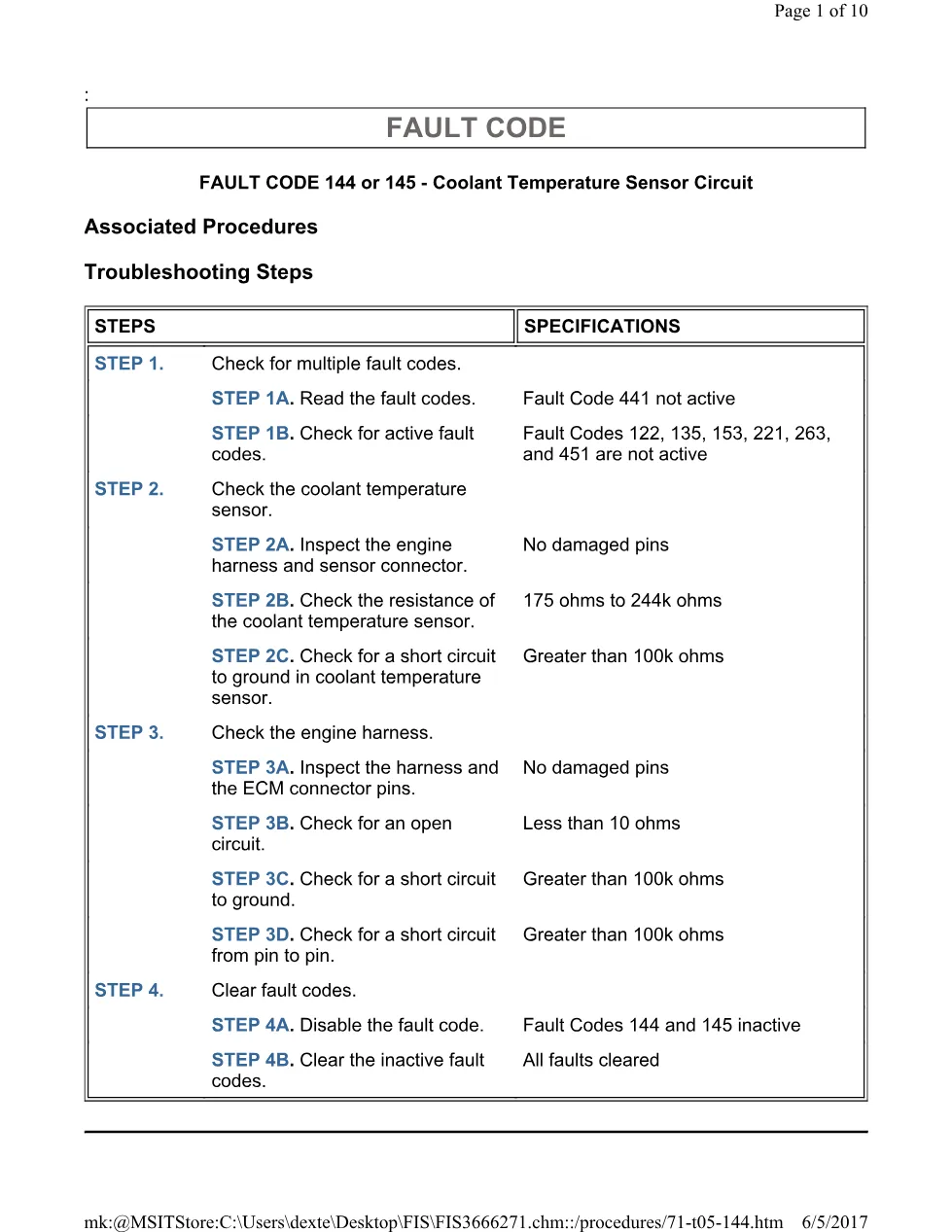 Cummins ISL 144 circuit Fault Code 144 or 145 coolant temperature - preview page 1 of 3