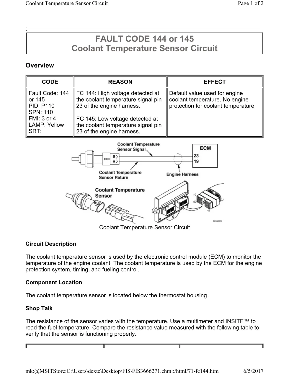 Cummins ISL 144 sensor coolant temperature sensor document – PDF, - preview page 1 of 2