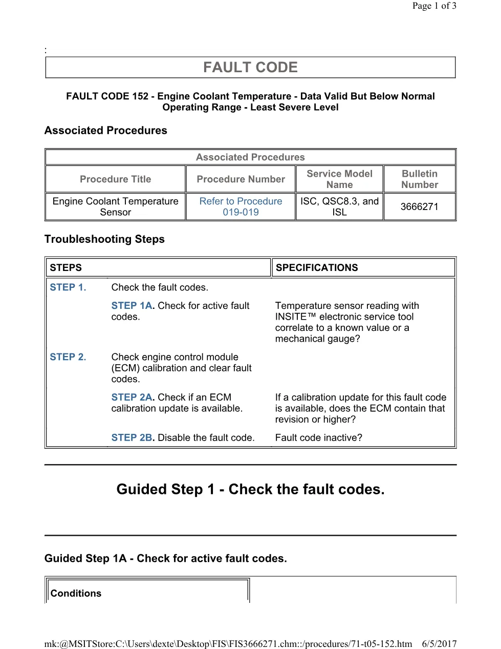 Cummins ISL 152 coolant Fault Code 152 engine coolant temperature - preview page 1 of 3
