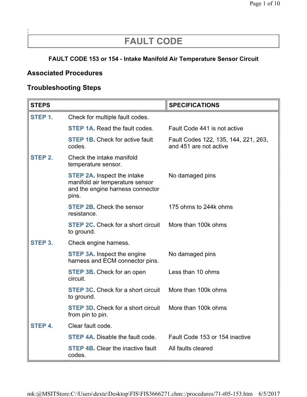 Cummins ISL 153 154 Fault Code 153 or 154 intake manifold air - preview page 1 of 3