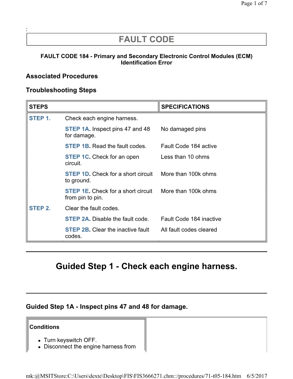 Cummins ISL ECM 184 Fault Code 184 primary and secondary ECM - preview page 1 of 3