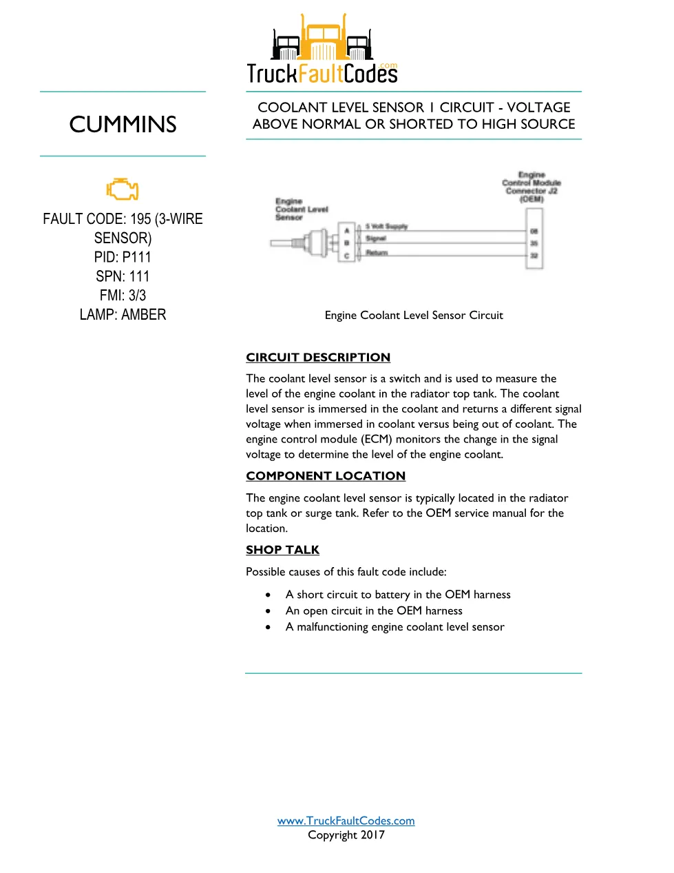 Cummins ISL9 195 3wire Diagnostic Procedure – Fault Code 195 - preview page 1 of 3