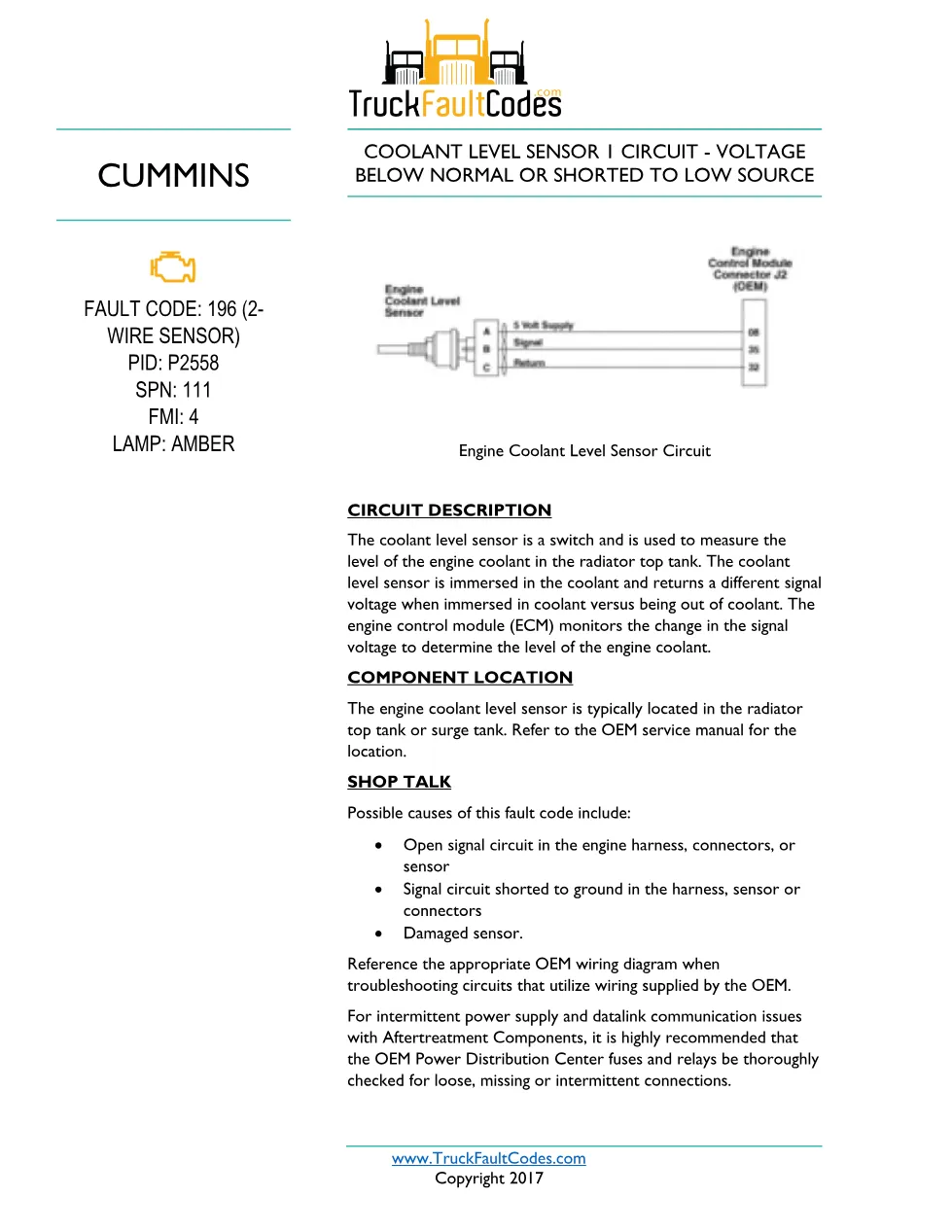 Cummins ISL9 196 2wire Diagnostic Procedure – Fault Code 196 - preview page 1 of 3