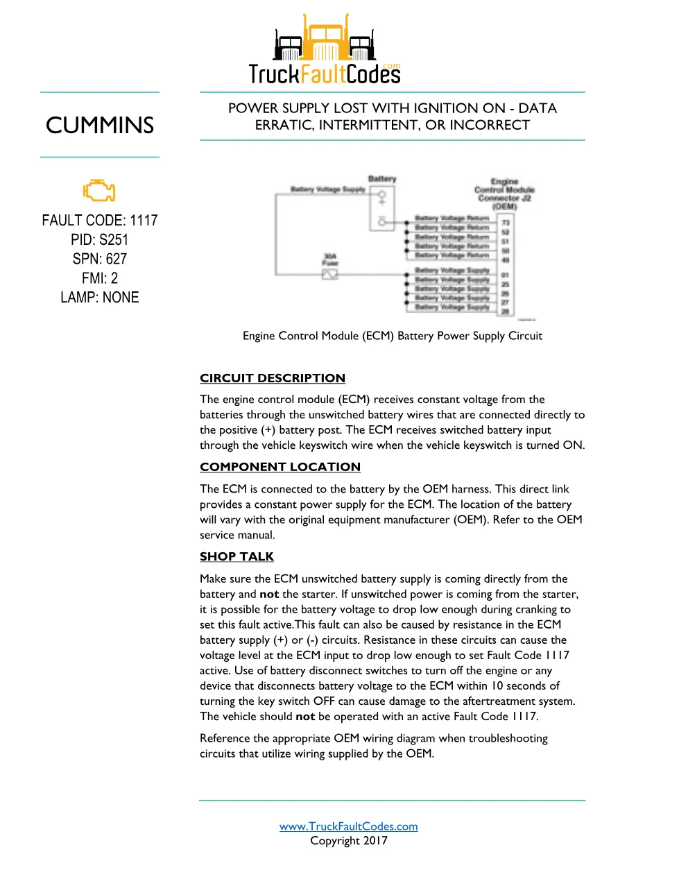 Cummins ISL9 Code 1117 Diagnostic Procedure – Fault Code 1117 - preview page 1 of 3