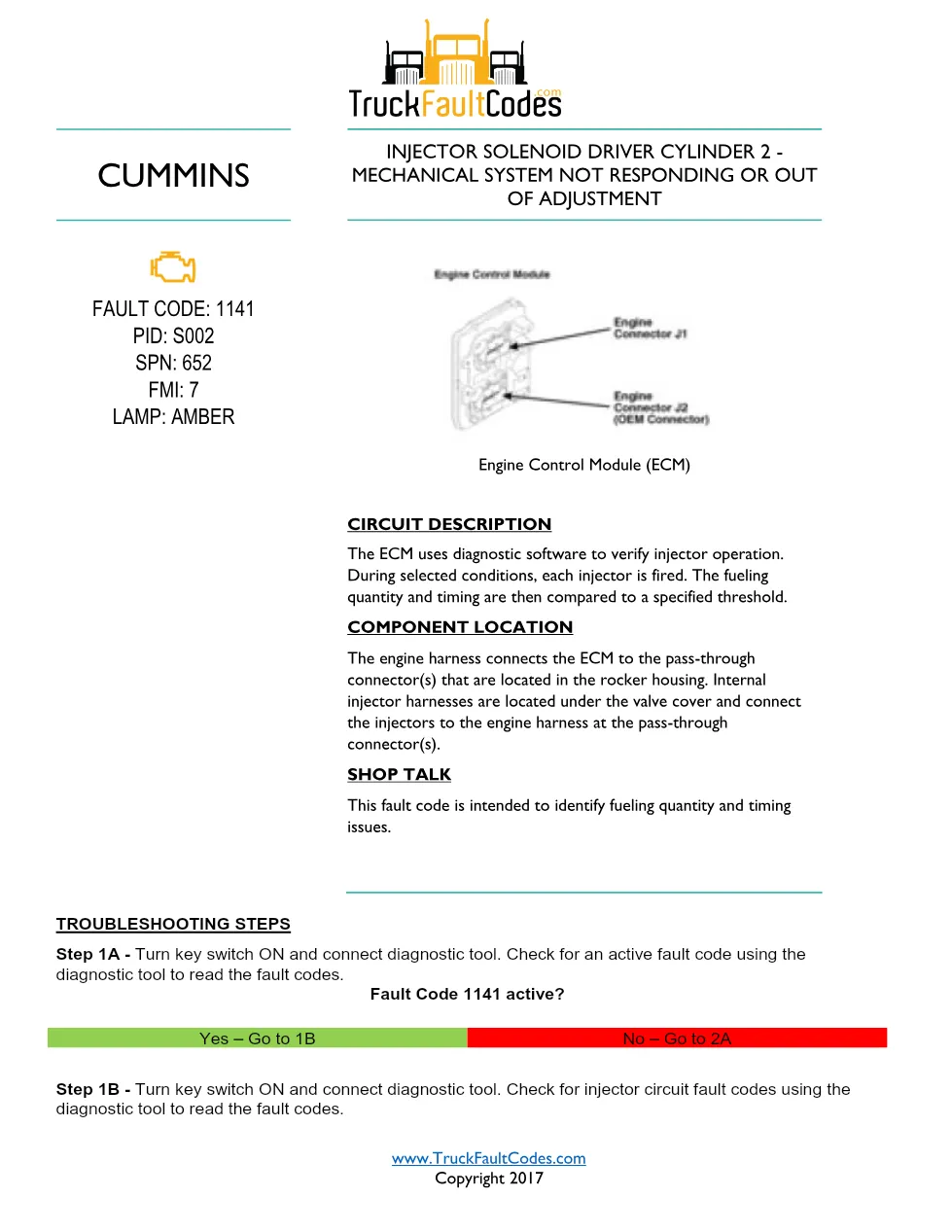 Cummins ISL9 Code 1141 Diagnostic Procedure – Fault Code 1141 - preview page 1 of 2