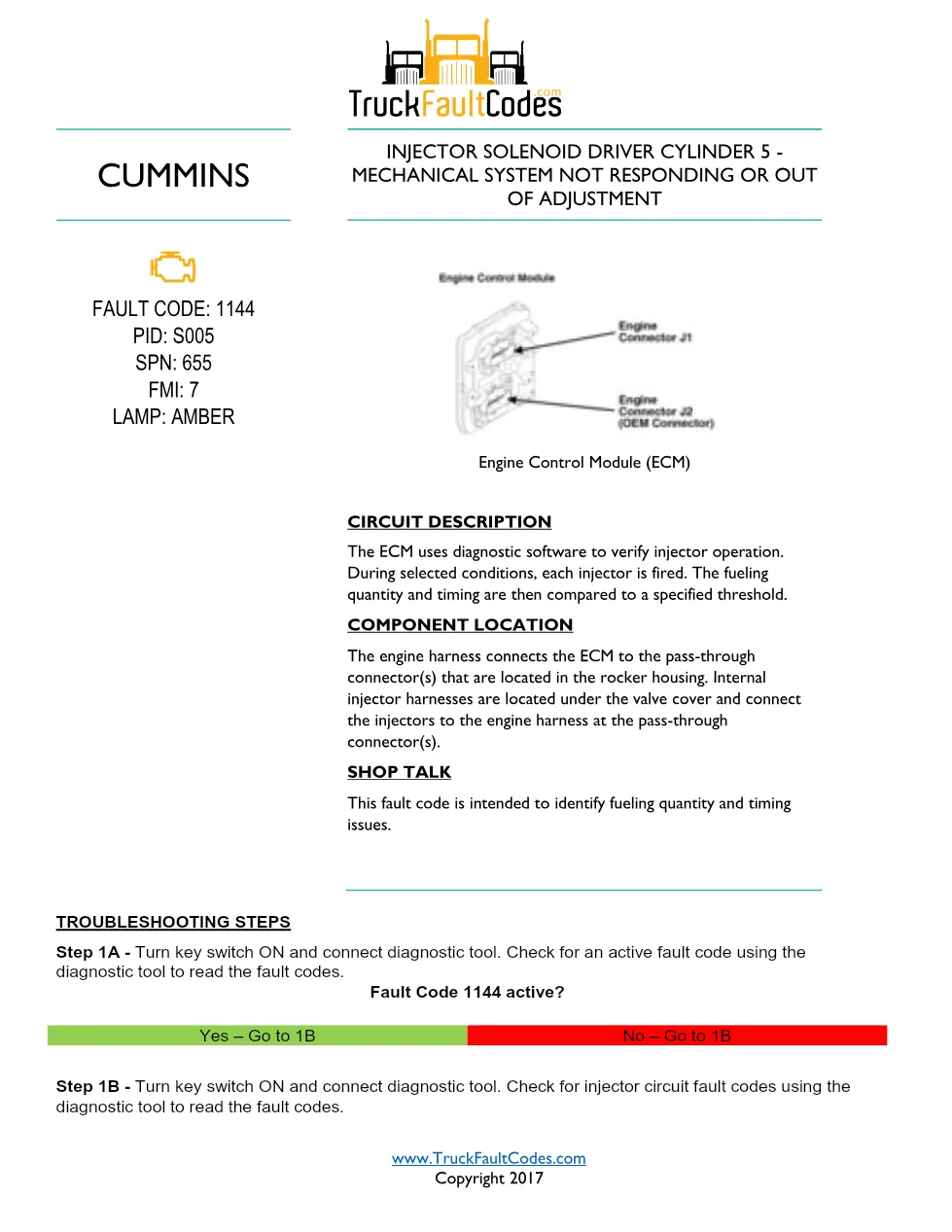Cummins ISL9 Code 1144 Diagnostic Procedure – Fault Code 1144 - preview page 1 of 2