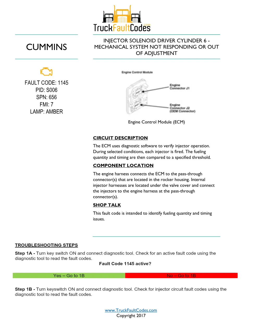 Cummins ISL9 Code 1145 Diagnostic Procedure – Fault Code 1145 - preview page 1 of 2