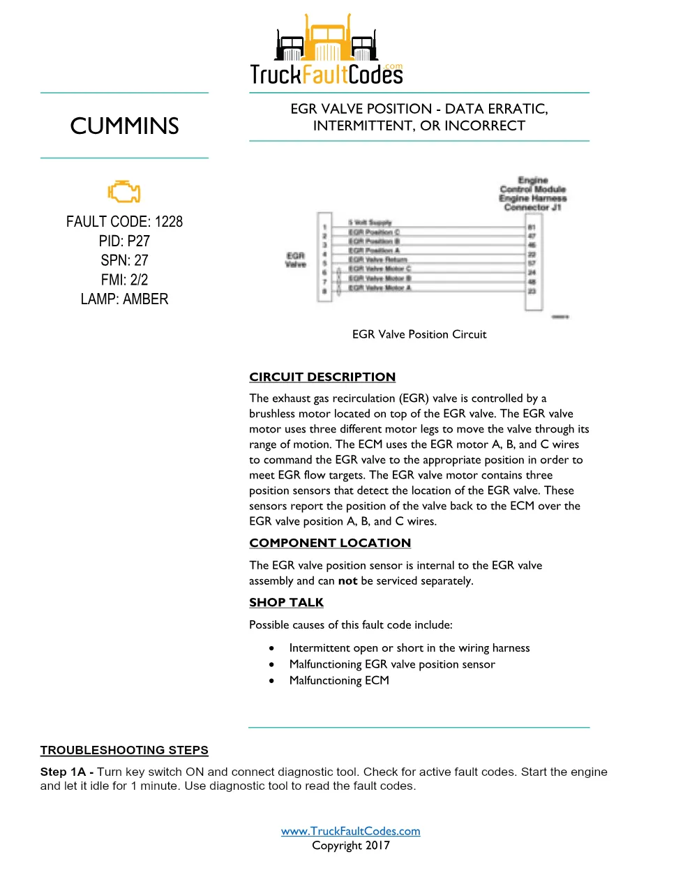 Cummins ISL9 Code 1228 Diagnostic Procedure – Fault Code 1228 - preview page 1 of 3