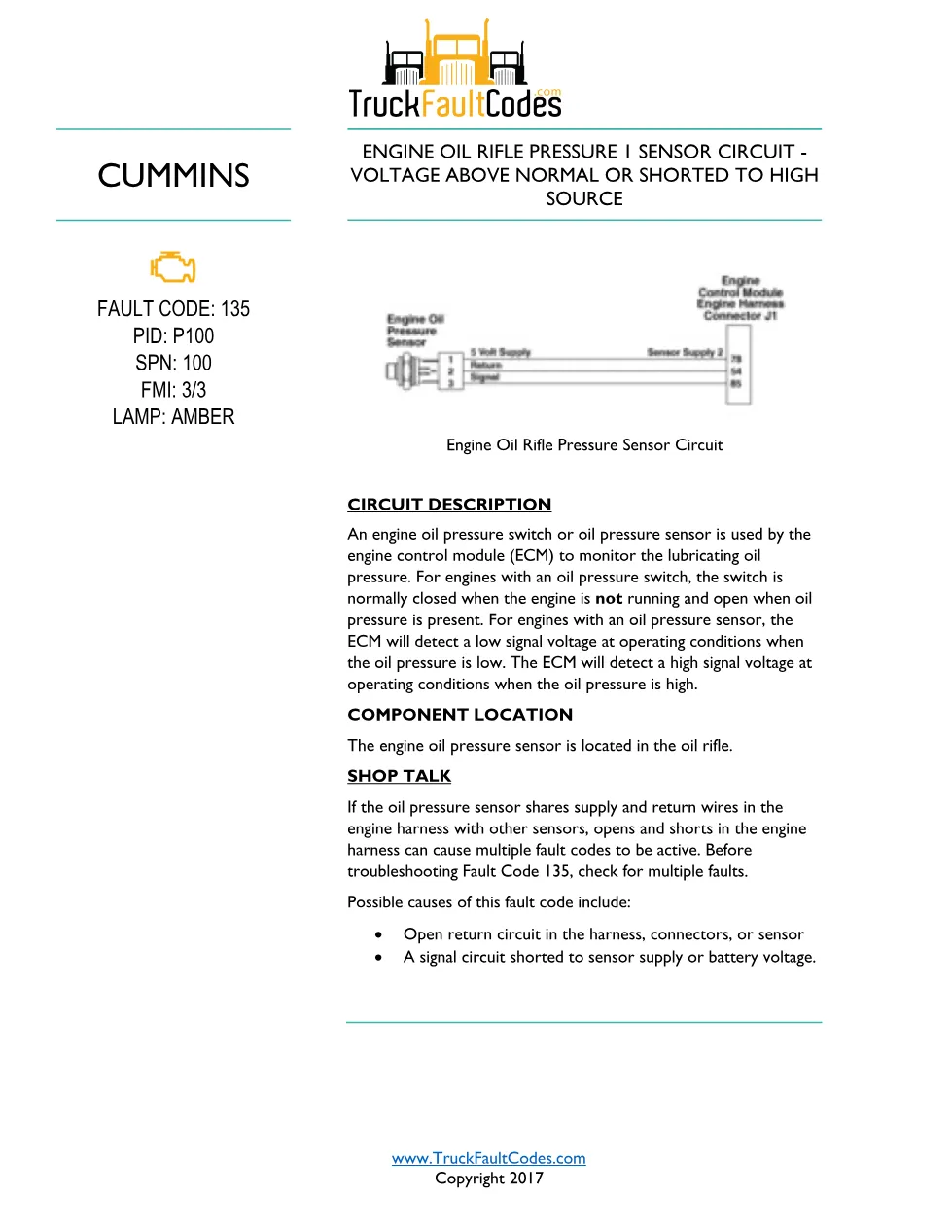 Cummins ISL9 Code 135 Diagnostic Procedure – Fault Code 135 – PDF - preview page 1 of 3