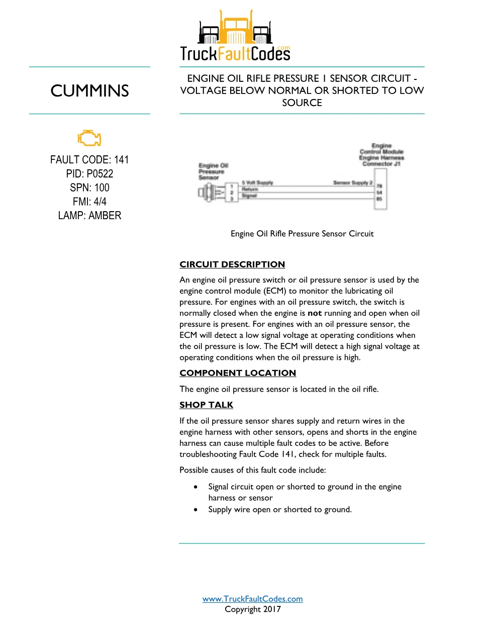 Cummins ISL9 Code 141 Diagnostic Procedure – Fault Code 141 – PDF - preview page 1 of 3