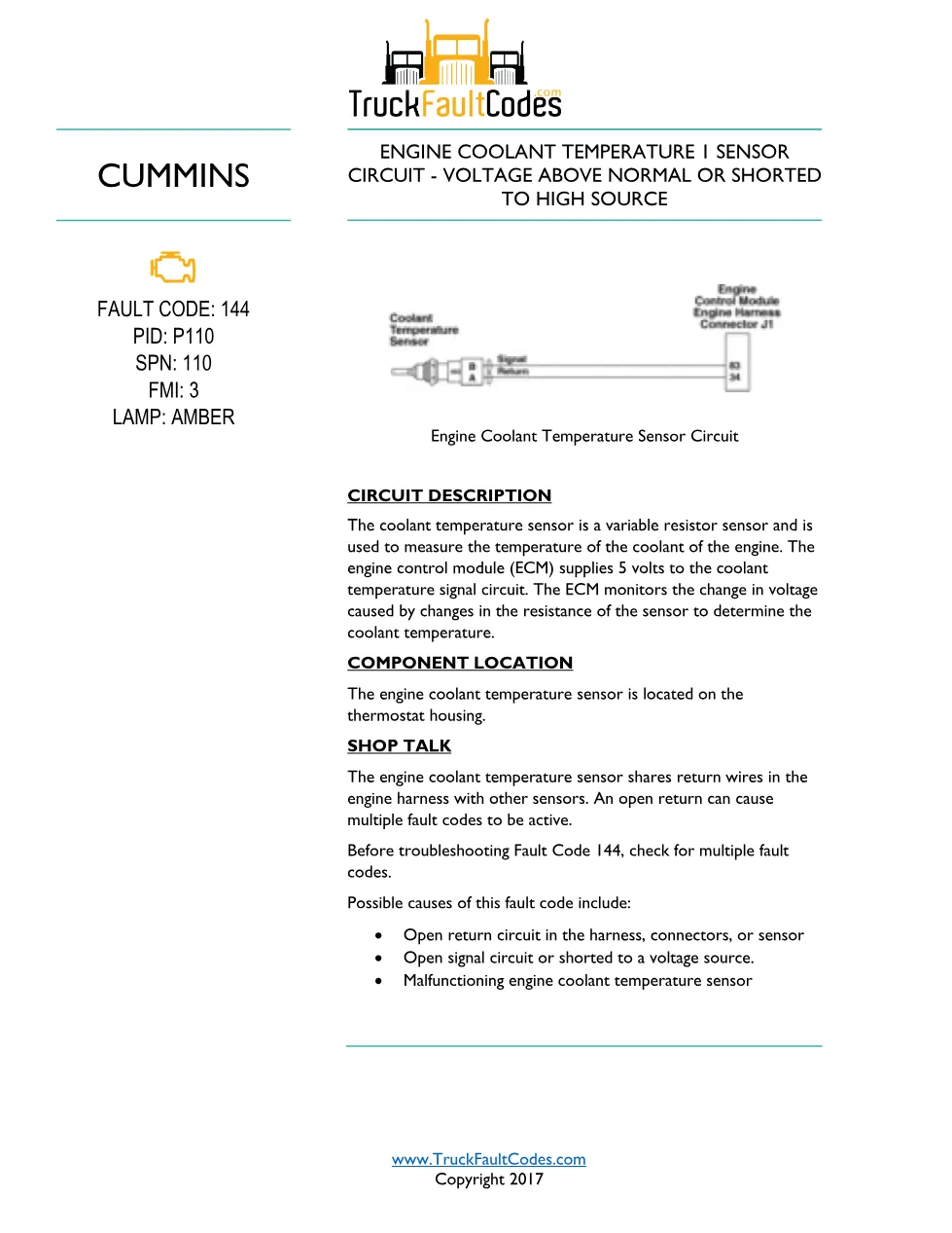 Cummins ISL9 Code 144 Diagnostic Procedure – Fault Code 144 – PDF - preview page 1 of 3