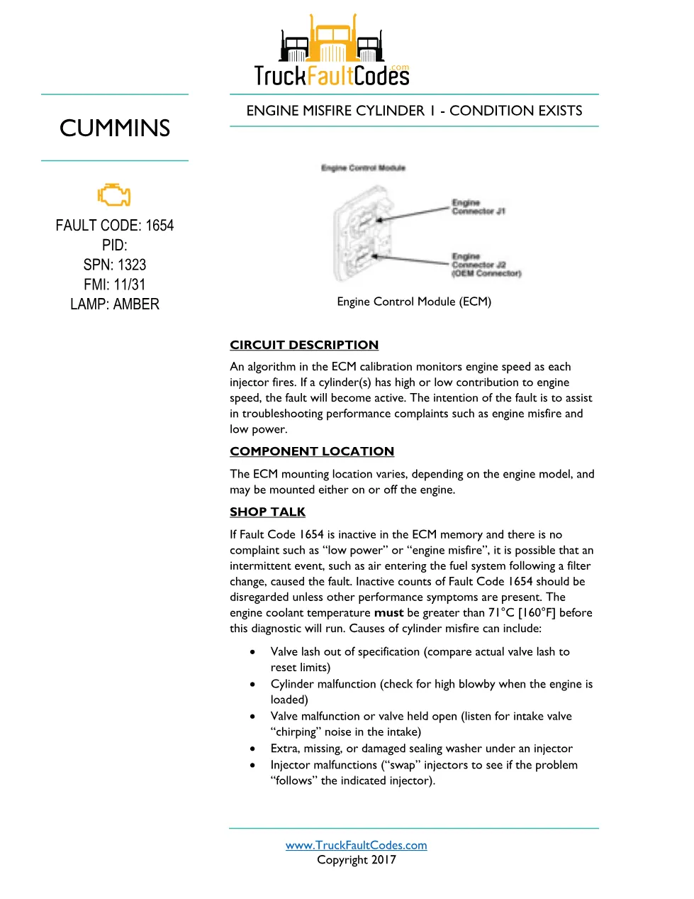 Cummins ISL9 Code 1654 Diagnostic Procedure – Fault Code 1654 - preview page 1 of 3