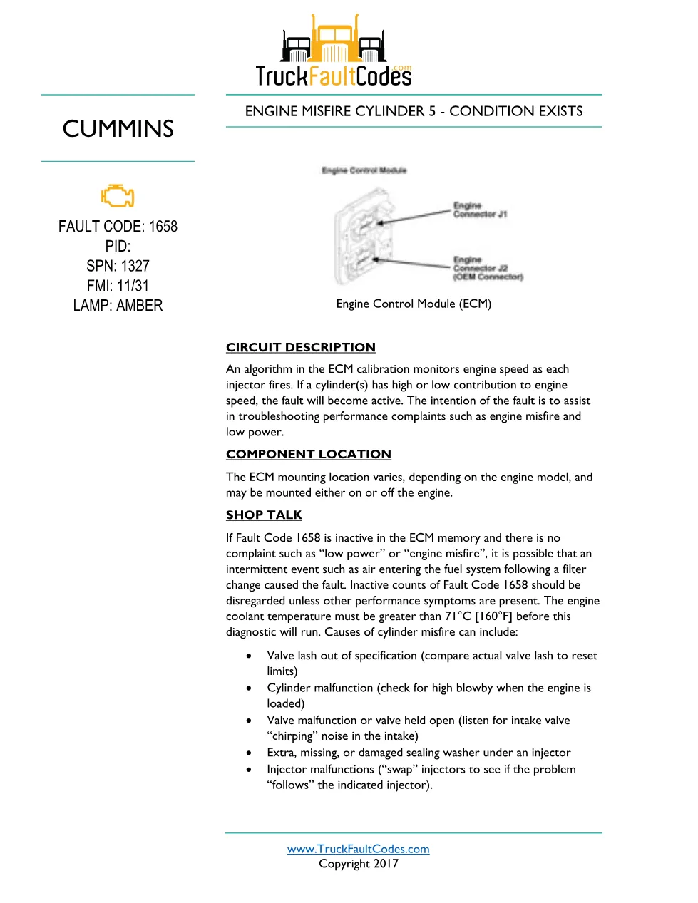 Cummins ISL9 Code 1658 Diagnostic Procedure – Fault Code 1658 - preview page 1 of 3
