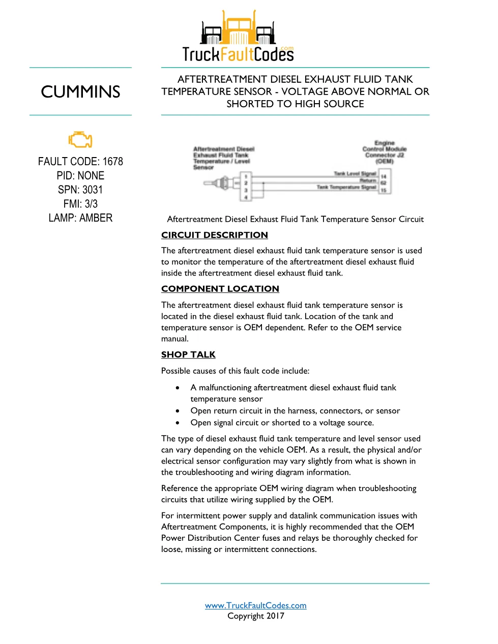 Cummins ISL9 Code 1678 Diagnostic Procedure – Fault Code 1678 - preview page 1 of 3