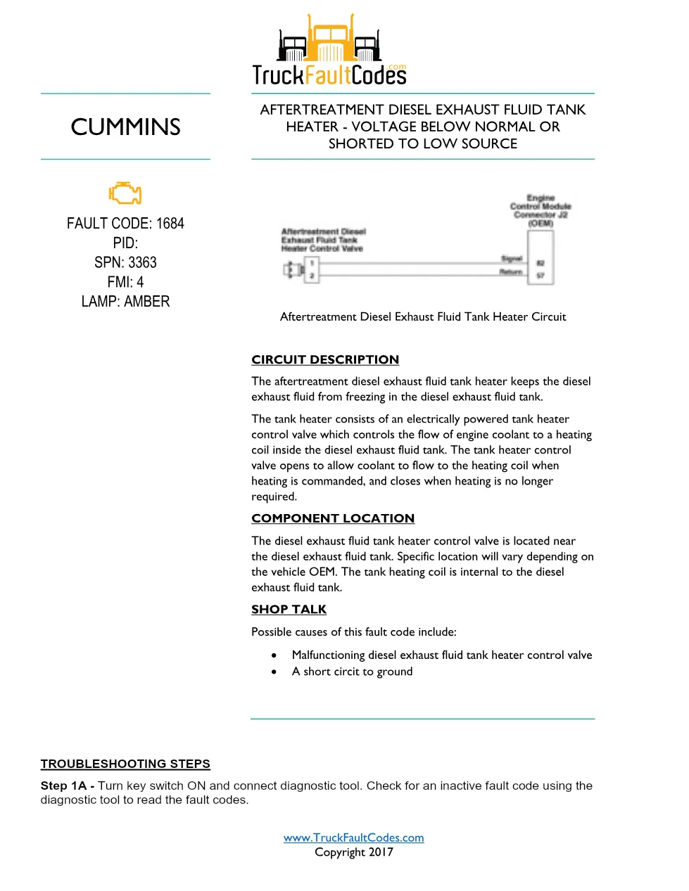 Cummins ISL9 Code 1684 Diagnostic Procedure – Fault Code 1684 - preview page 1 of 3