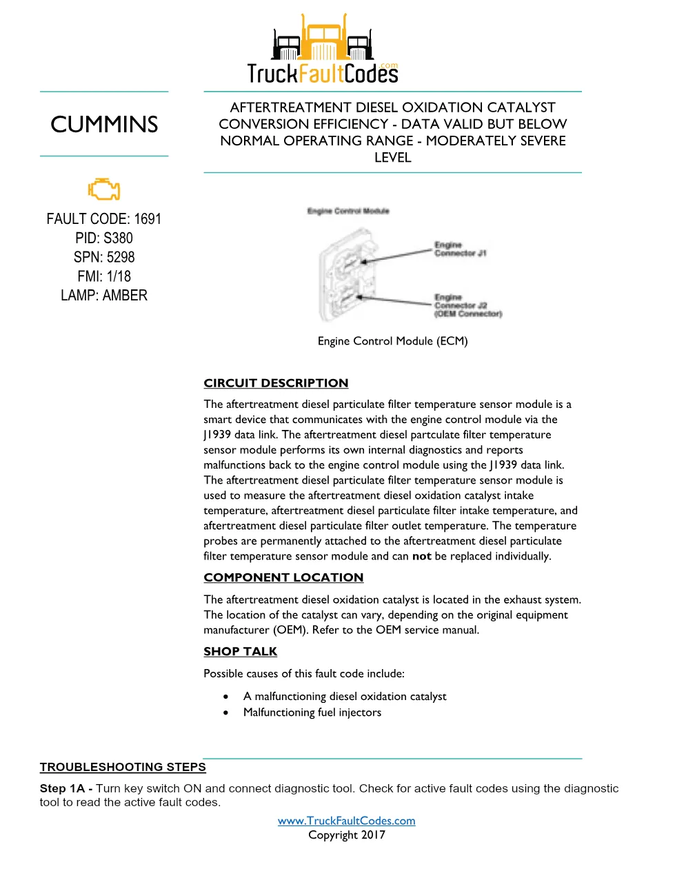 Cummins ISL9 Code 1691 Diagnostic Procedure – Fault Code 1691 - preview page 1 of 3