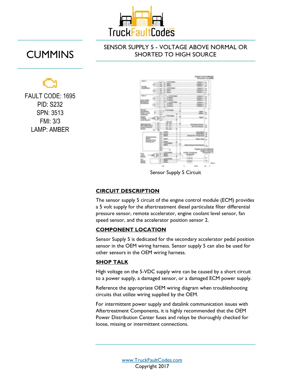 Cummins ISL9 Code 1695 Diagnostic Procedure – Fault Code 1695 - preview page 1 of 3