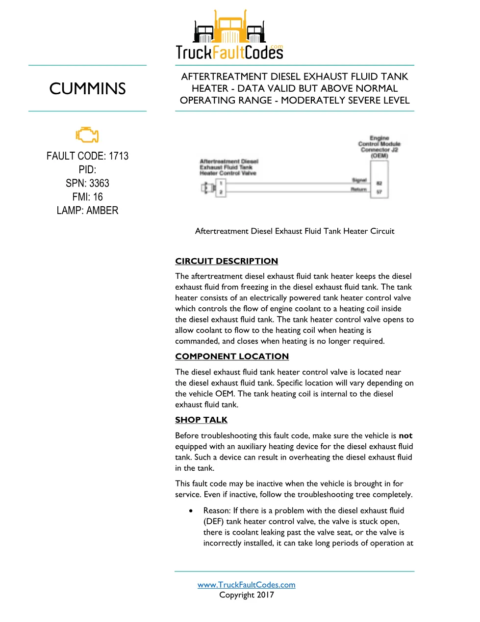 Cummins ISL9 Code 1713 Diagnostic Procedure – Fault Code 1713 - preview page 1 of 3