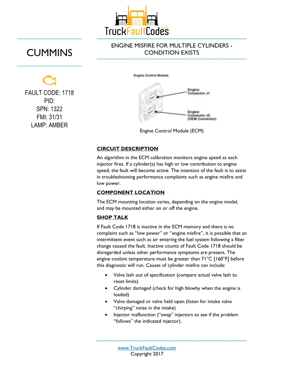 Cummins ISL9 Code 1718 Diagnostic Procedure – Fault Code 1718 - preview page 1 of 3