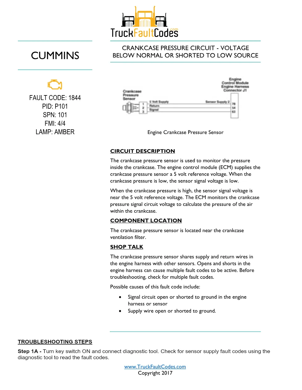 Cummins ISL9 Code 1844 Diagnostic Procedure – Fault Code 1844 - preview page 1 of 3