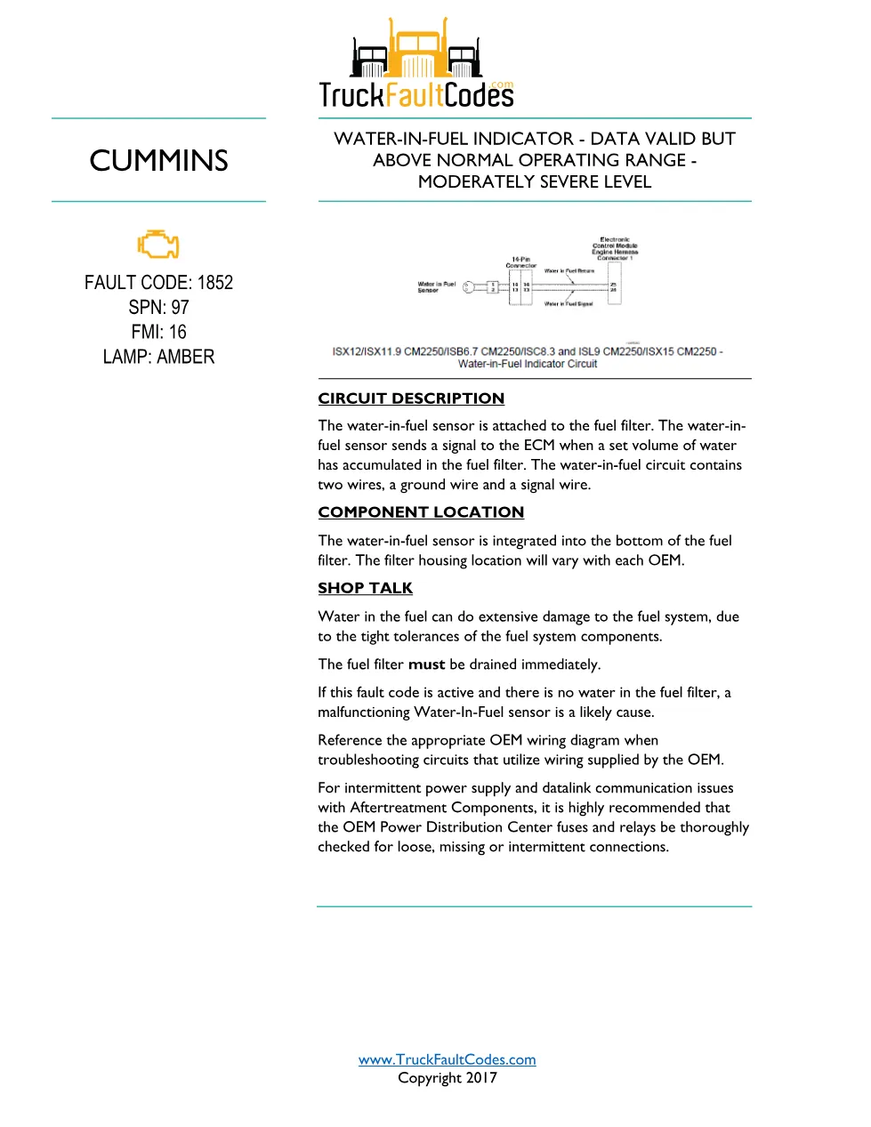 Cummins ISL9 code 1852 Fault Guide ? PDF, 2 pages – Official - preview page 1 of 2
