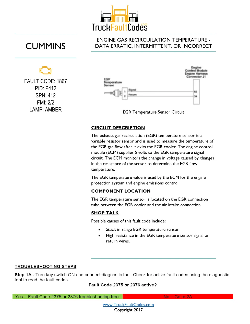 Cummins ISL9 Code 1867 Diagnostic Procedure – Fault Code 1867 - preview page 1 of 3