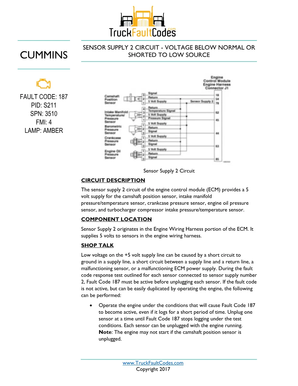 Cummins ISL9 Code 187 Diagnostic Procedure – Fault Code 187 – PDF - preview page 1 of 3