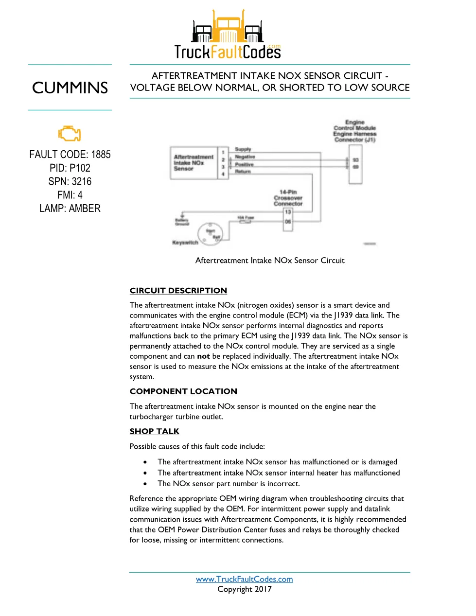 Cummins ISL9 Code 1885 Diagnostic Procedure – Fault Code 1885 - preview page 1 of 2