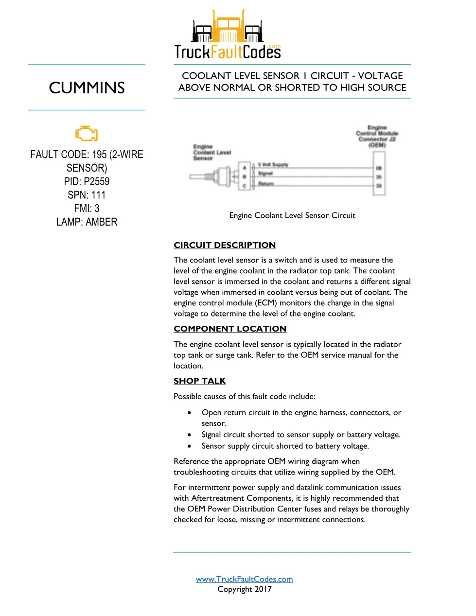 Cummins ISL9 Code 195 (2-WIRE Diagnostic Procedure – Fault Code - preview page 1 of 3