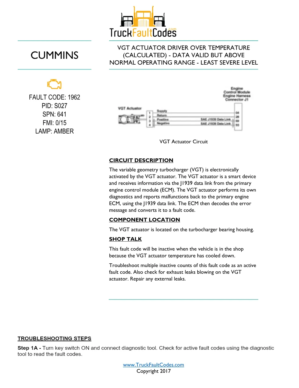 Cummins ISL9 Code 1962 Diagnostic Procedure – Fault Code 1962 - preview page 1 of 3