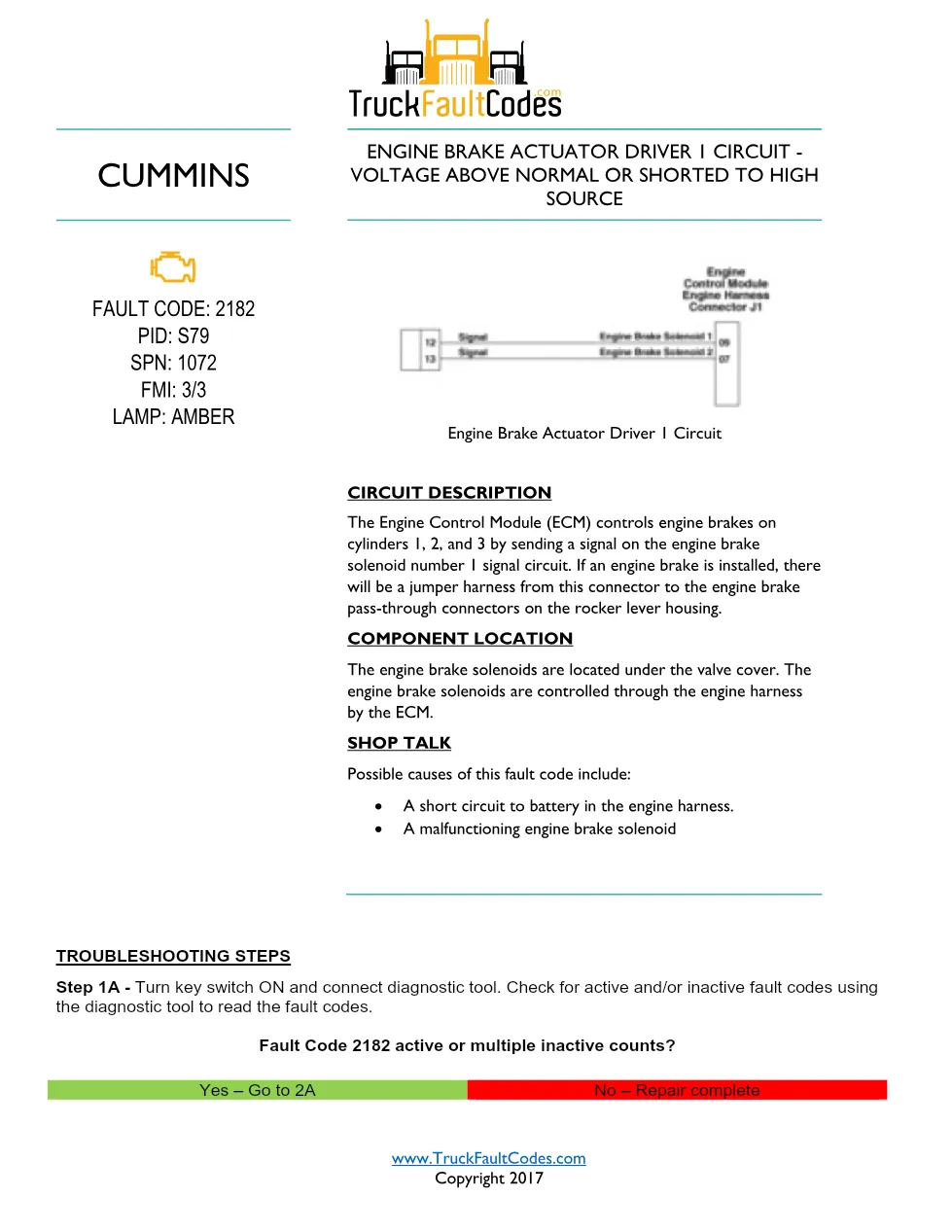 Cummins ISL9 Code 2182 Diagnostic Procedure – Fault Code 2182 - preview page 1 of 3