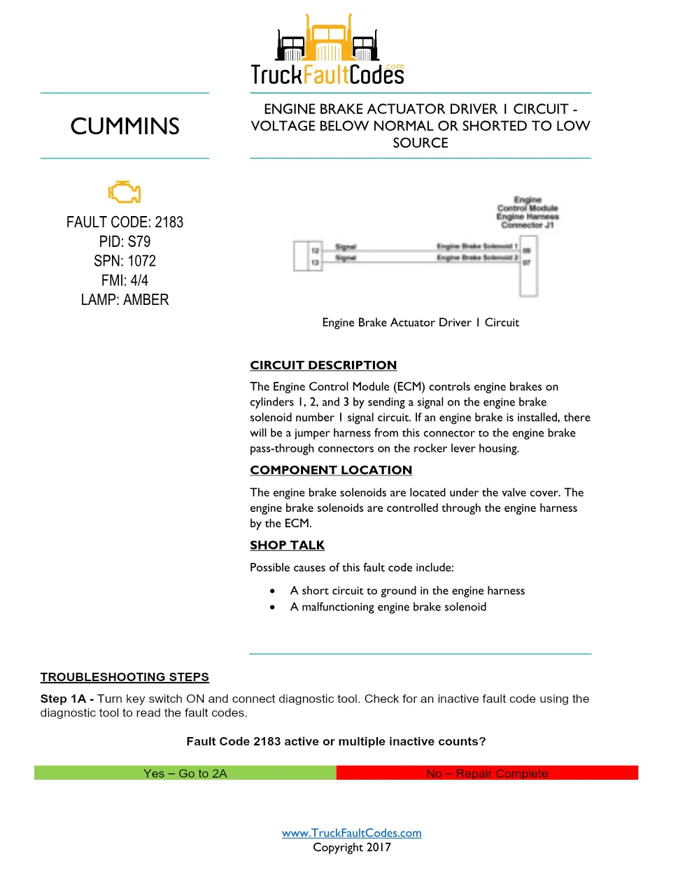 Cummins ISL9 Code 2183 Diagnostic Procedure – Fault Code 2183 - preview page 1 of 3