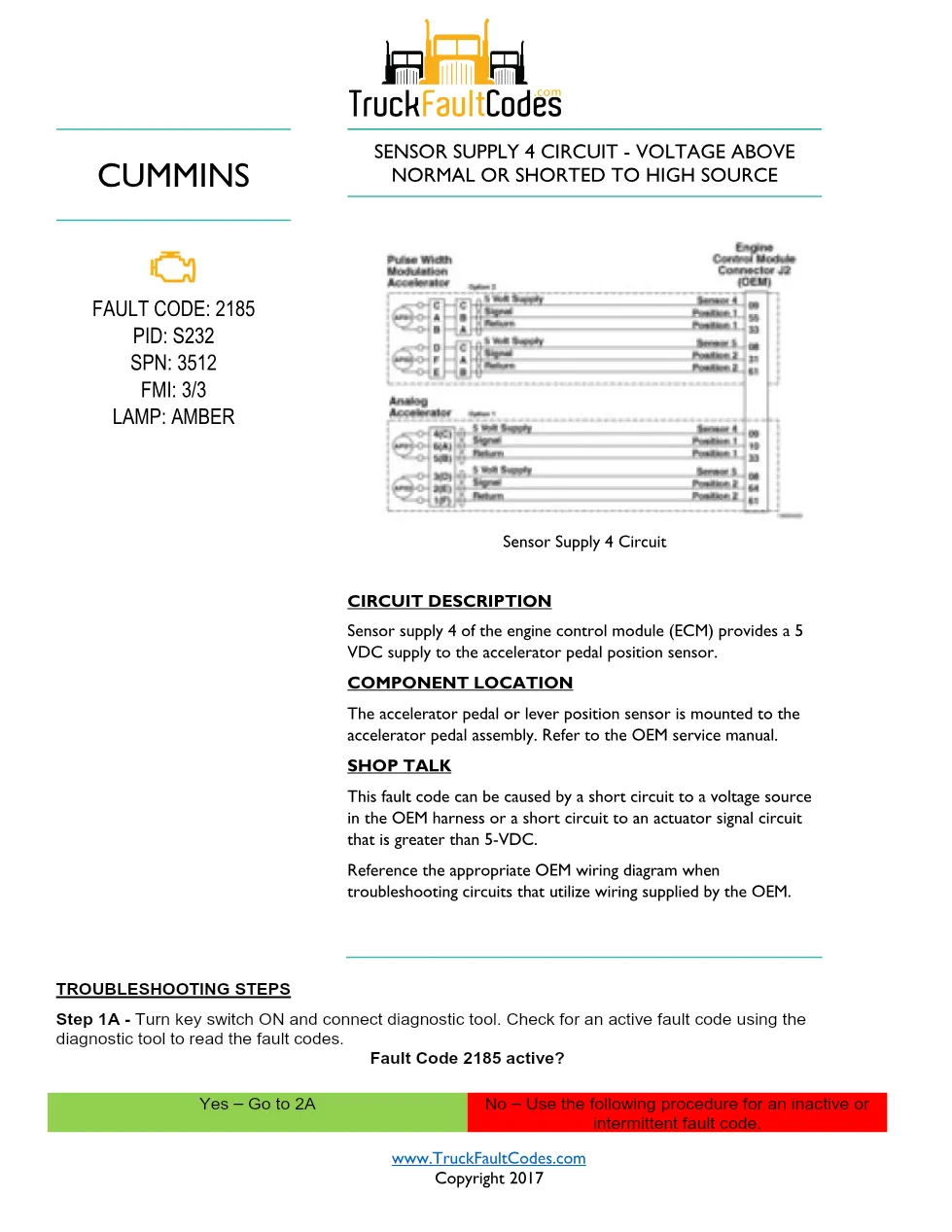 Cummins ISL9 Code 2185 Diagnostic Procedure – Fault Code 2185 - preview page 1 of 2