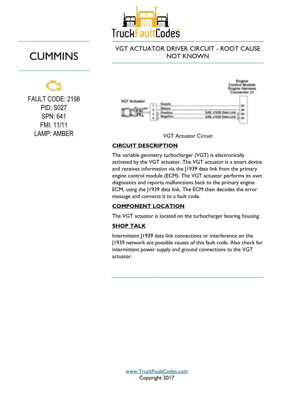 Cummins ISL9 Code 2198 Diagnostic Procedure – Fault Code 2198 - preview page 1 of 3