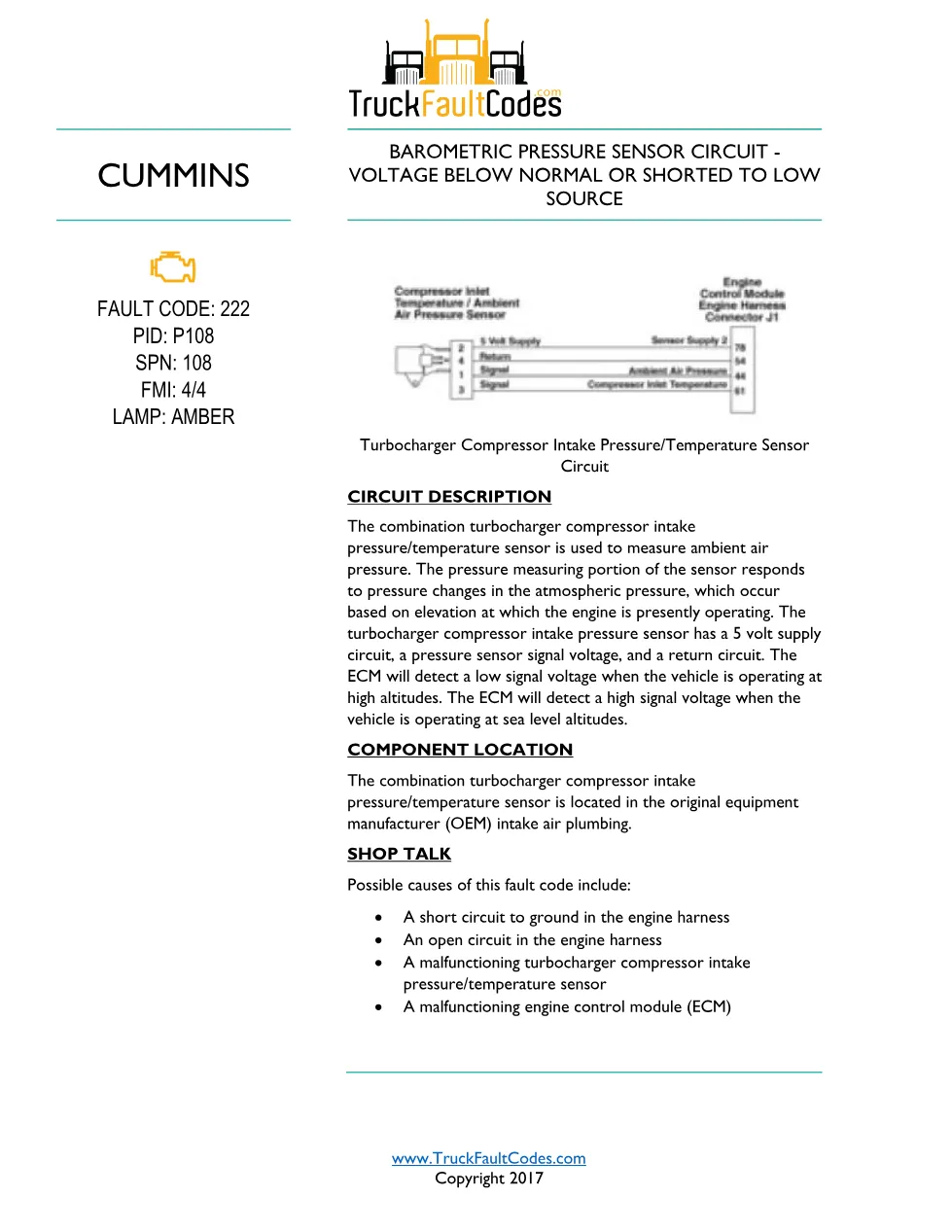 Cummins ISL9 Code 222 Diagnostic Procedure – Fault Code 222 – PDF - preview page 1 of 3