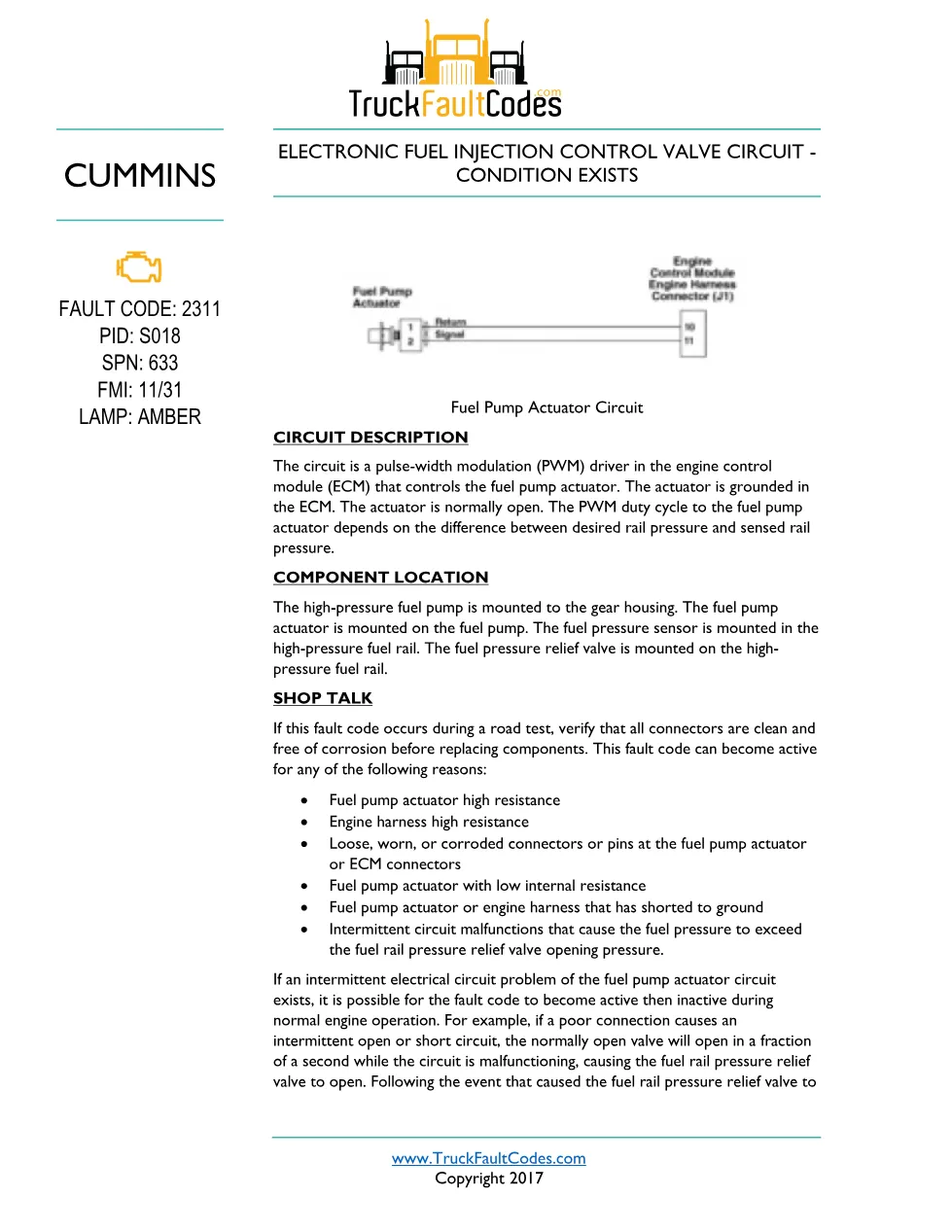 Cummins ISL9 Code 2311 Diagnostic Procedure – Fault Code 2311 - preview page 1 of 3